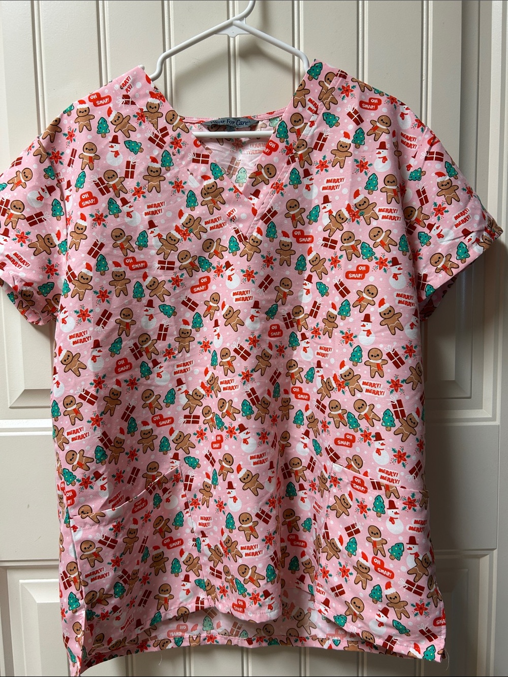 Womens Pink Gingerbread Print scrub Top